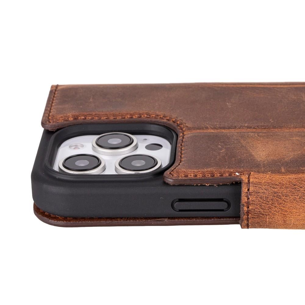 Apple iPhone 16 Pro Max uyumlu, Hakiki Deri, El Yapımı, Cüzdanlı Kılıf, Antik Kahve