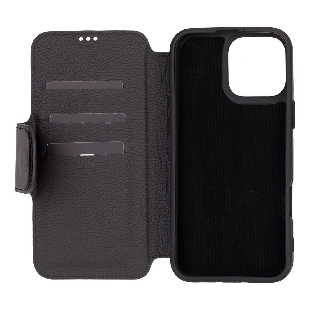 Apple iPhone 16 Pro Max uyumlu, Hakiki Deri, El Yapımı, Cüzdanlı Kılıf, Parlak Siyah