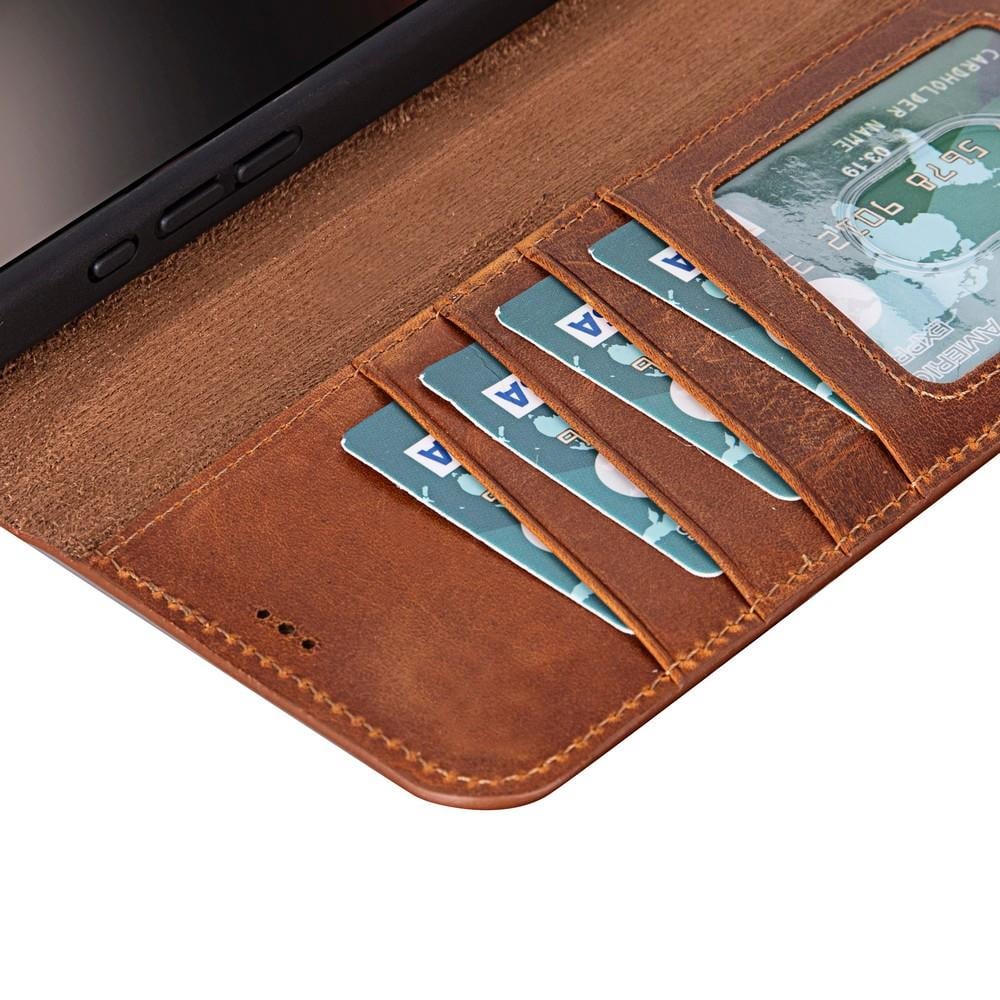 Apple iPhone 16 Pro Max uyumlu, Hakiki Deri, El Yapımı, Cüzdanlı Kılıf, Karamel