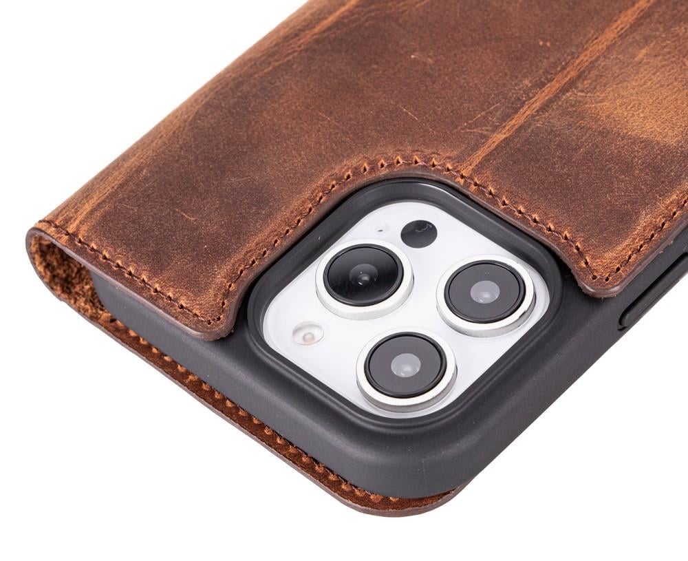 Apple iPhone 16 Pro Max uyumlu, Hakiki Deri, El Yapımı, Cüzdanlı Kılıf, Antik Kahve