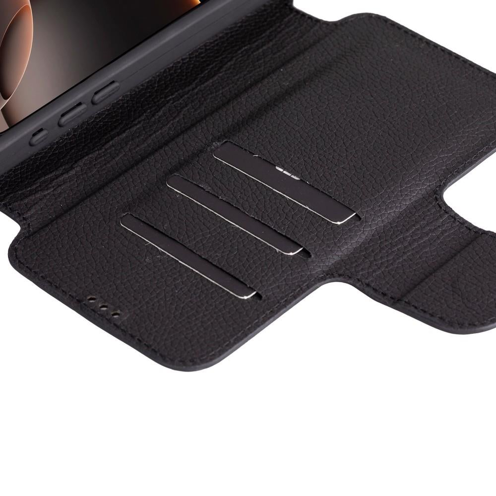 Apple iPhone 16 Pro Max uyumlu, Hakiki Deri, El Yapımı, Cüzdanlı Kılıf, Parlak Siyah