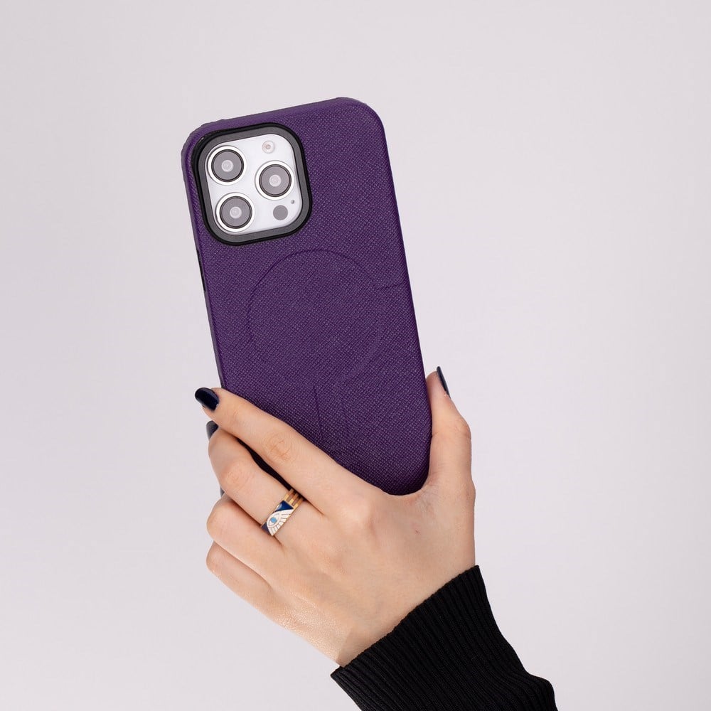 Apple iPhone 16 Pro uyumlu, Hakiki Deri, El Yapımı Kılıf, Mor