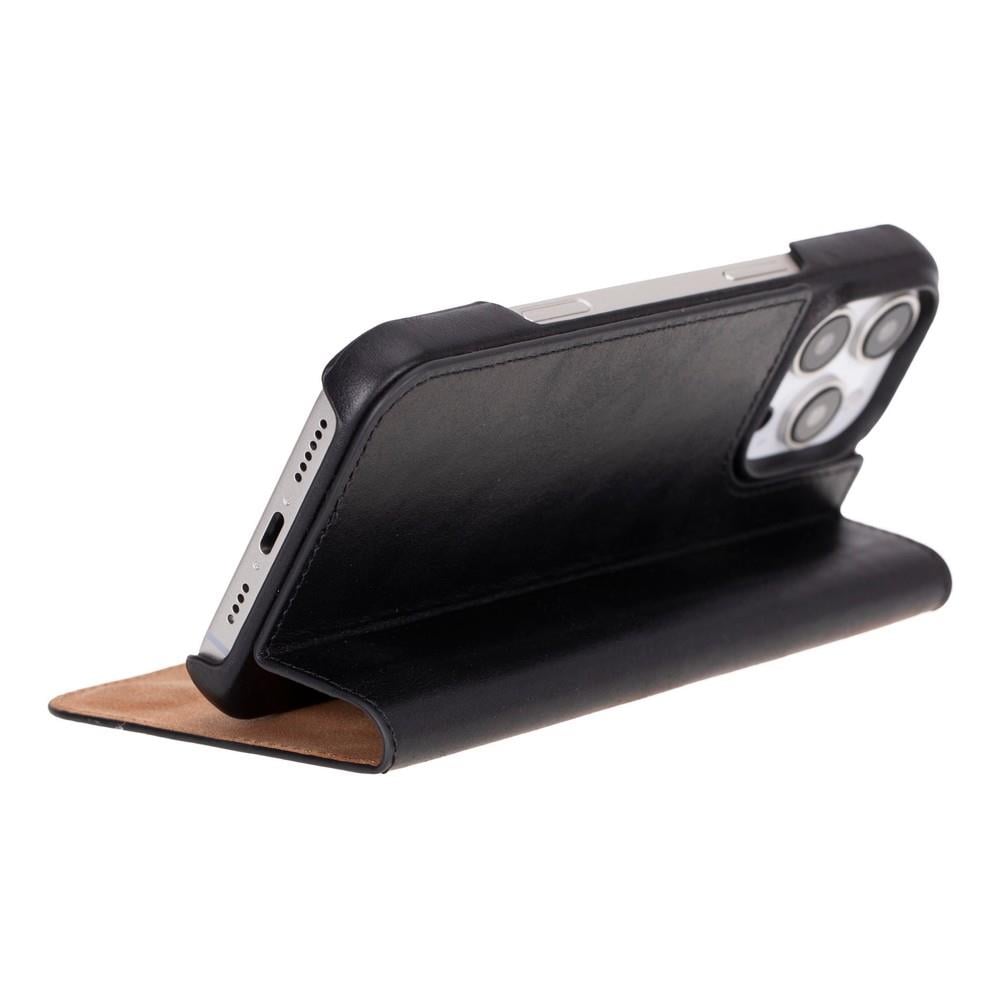 Apple iPhone 16 Pro uyumlu, Hakiki Deri, El Yapımı, Cüzdanlı Kılıf, Parlak Siyah