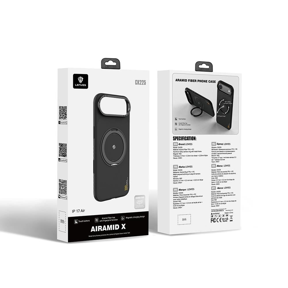 Apple iPhone 17 Air Kılıf M-safe Şarj Özellikli Metal Standlı Lenyes CK225 Kevlar Kapak