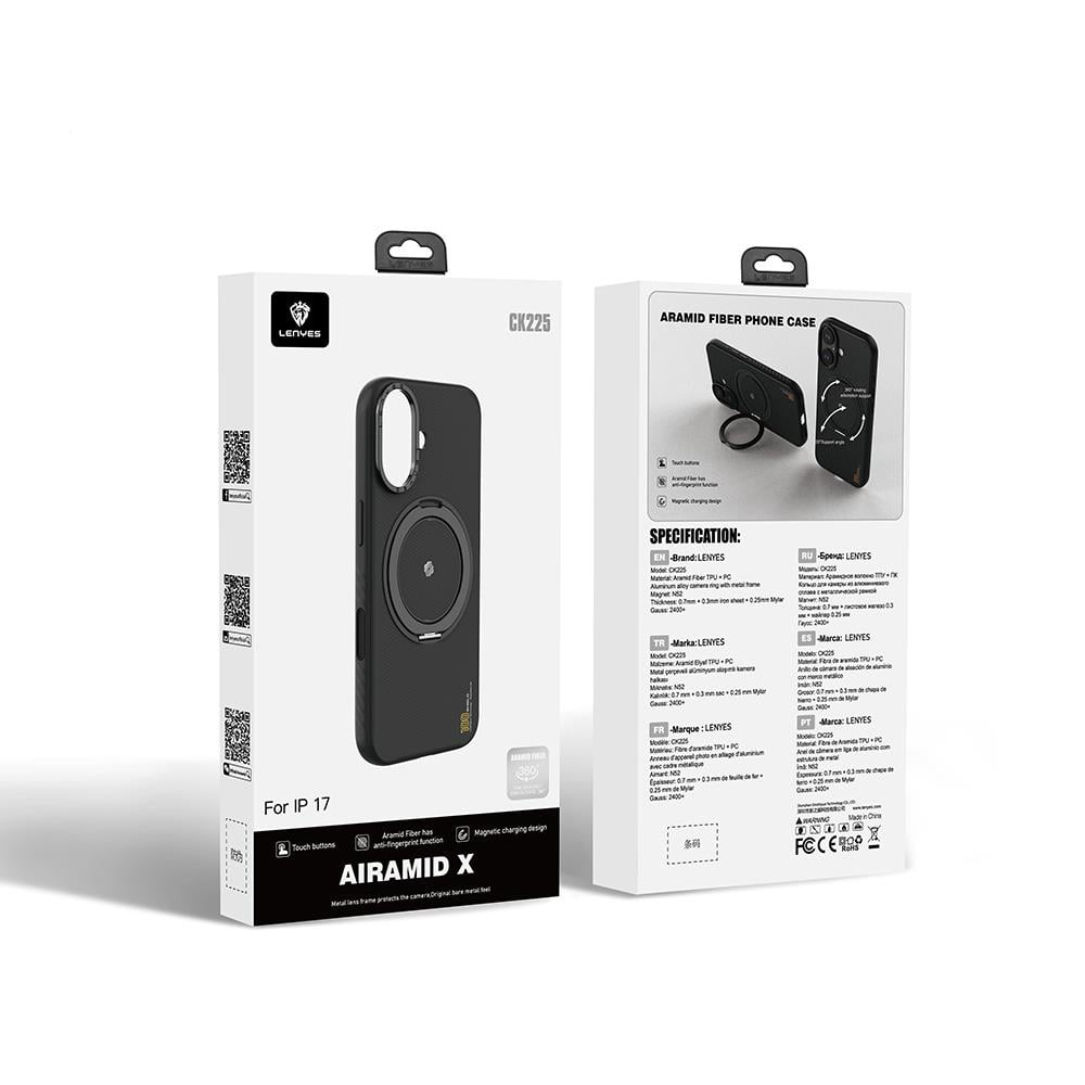 Apple iPhone 17 Kılıf M-safe Şarj Özellikli Metal Standlı Lenyes CK225 Kevlar Kapak