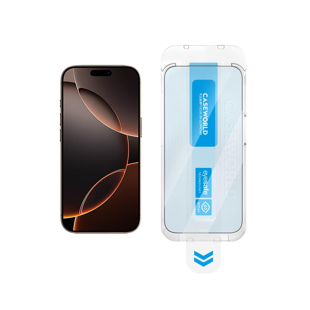 Apple iPhone 17 Pro CaseWorld Applicator Serisi 2.5D Eyesafe Mavi Işık Teknolojili 0.33mm Temperli Cam Ekran Koruyucu + Uygulama Aparatı