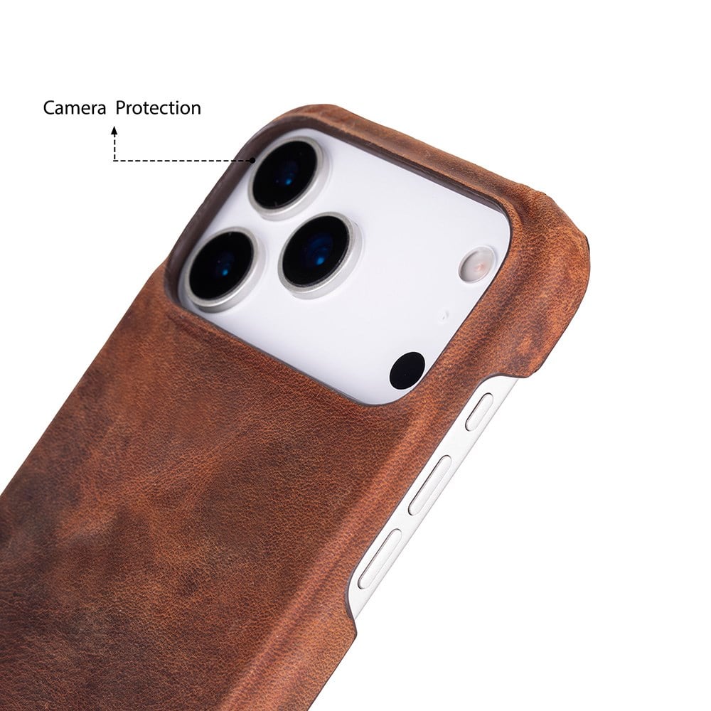 Apple iPhone 17 Pro Max için, Hakiki Deri, El Yapımı Kılıf, Magsafe ile uyumlu, İç Yüzeyi Kadife,Antik Kahve