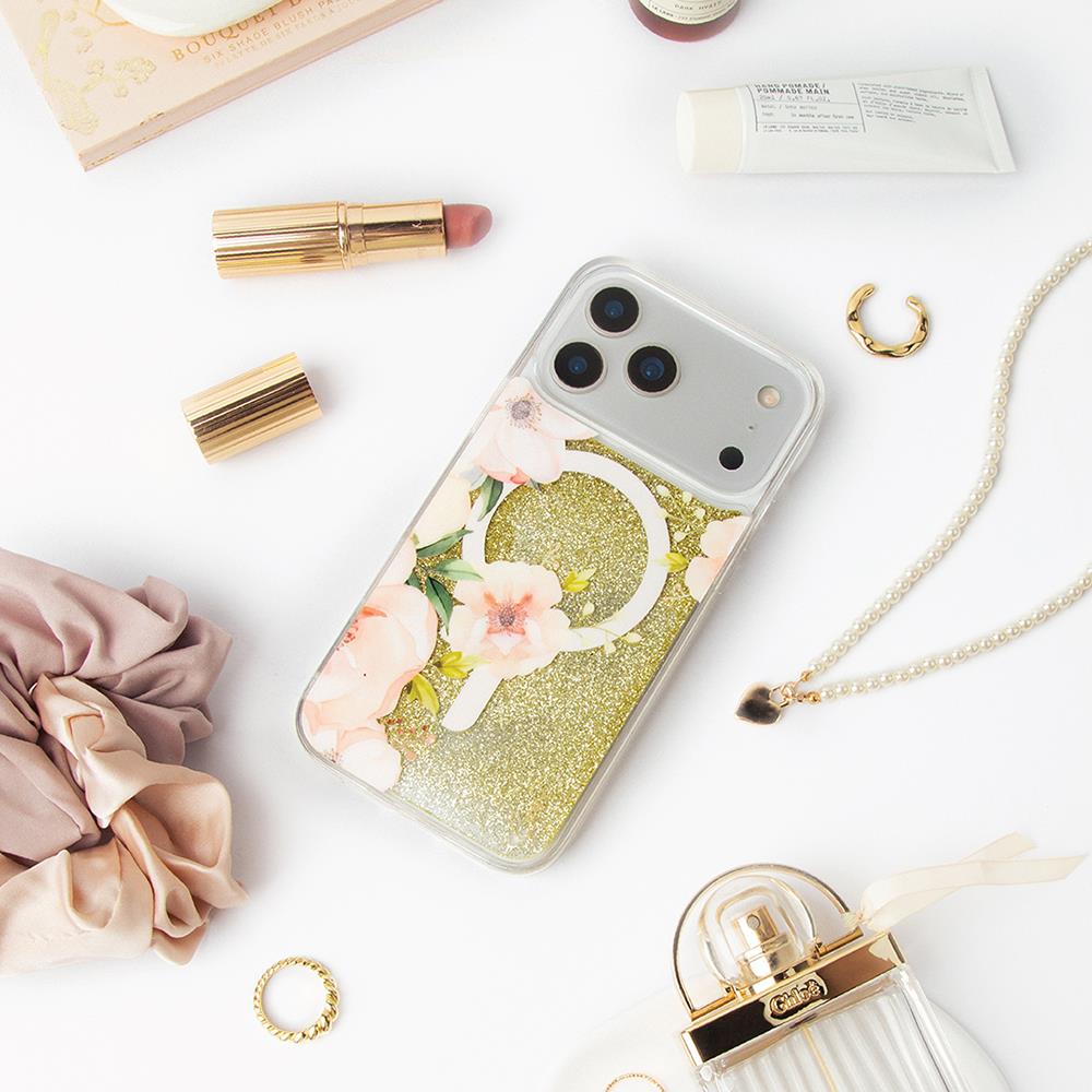 Apple iPhone 17 Pro Max Kılıf M-safe Şarj Özellikli Çiçek Desenli Simli Arka Yüzey Coehl Fleurette Kapak