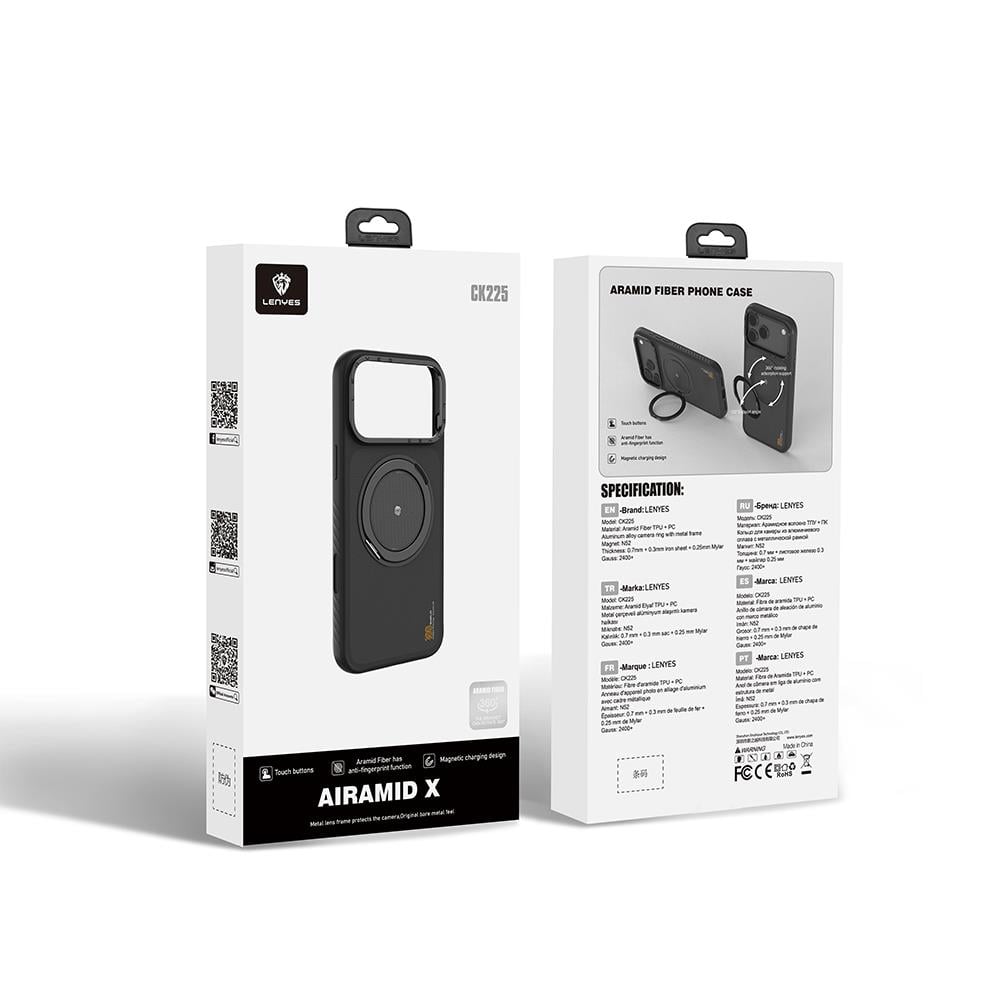 Apple iPhone 17 Pro Max Kılıf M-safe Şarj Özellikli Metal Standlı Lenyes CK225 Kevlar Kapak