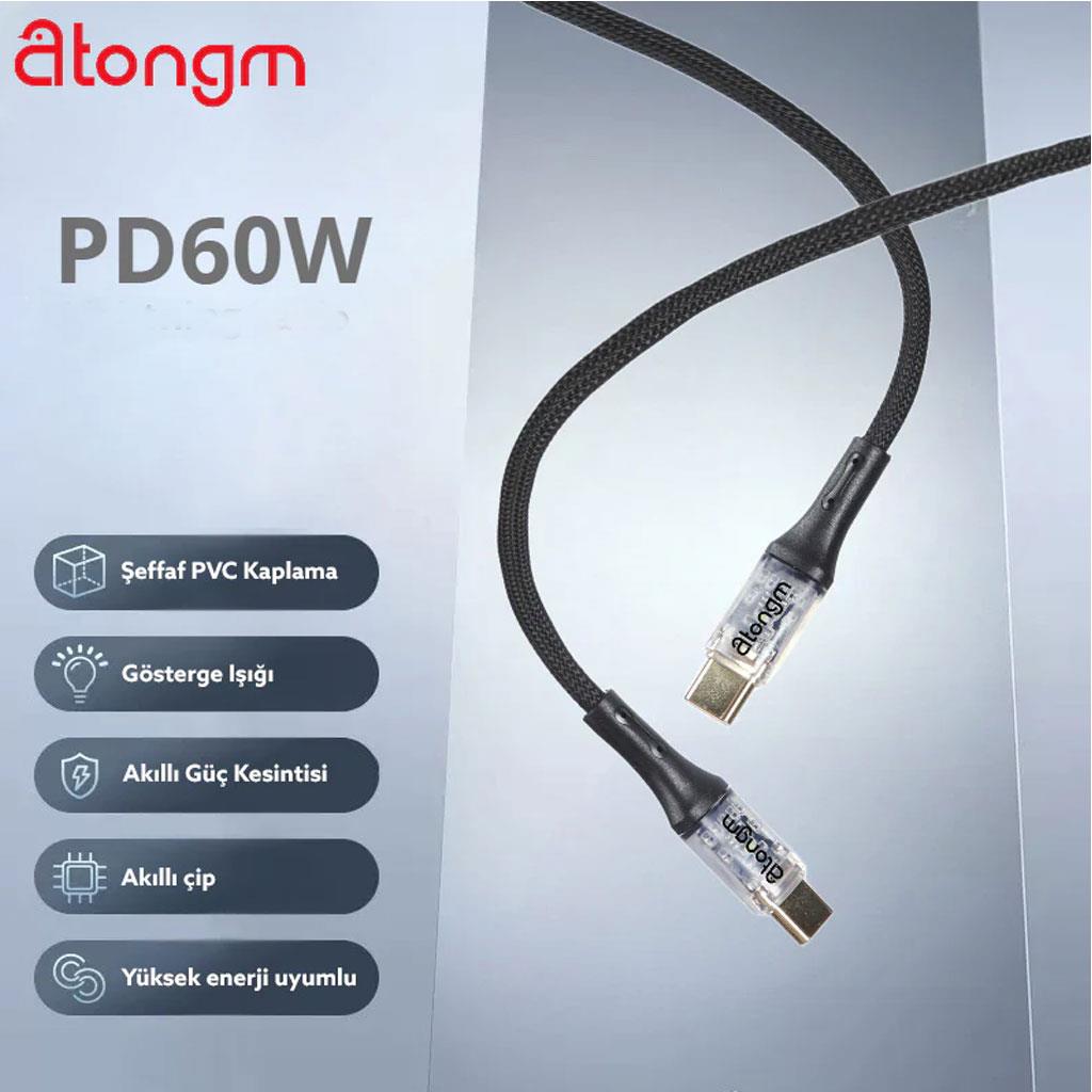 ŞARJ / DATA KABLOLARI Atongm Şeffaf Başlık Type-c to Type-c 60w Örgü Sarj Data Kablo