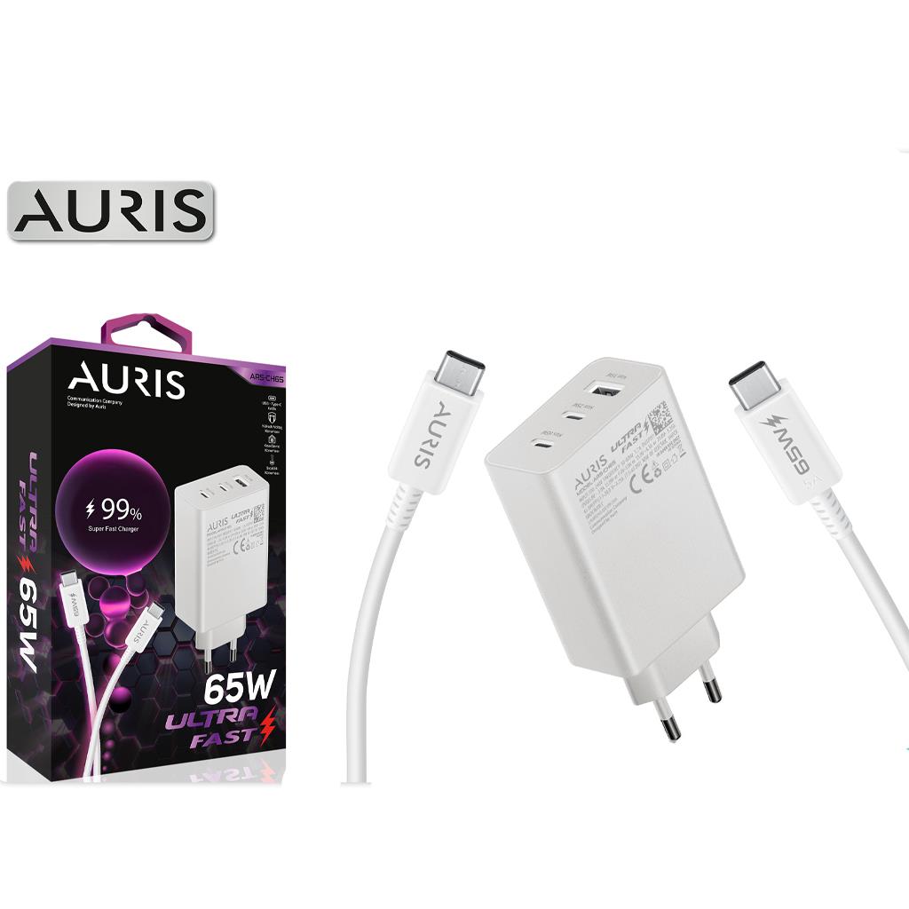 Auris Ars-Ch65 65W Ultra Fast 2X Type-C 1X USB Girişli Hızlı Şarj Cihazı