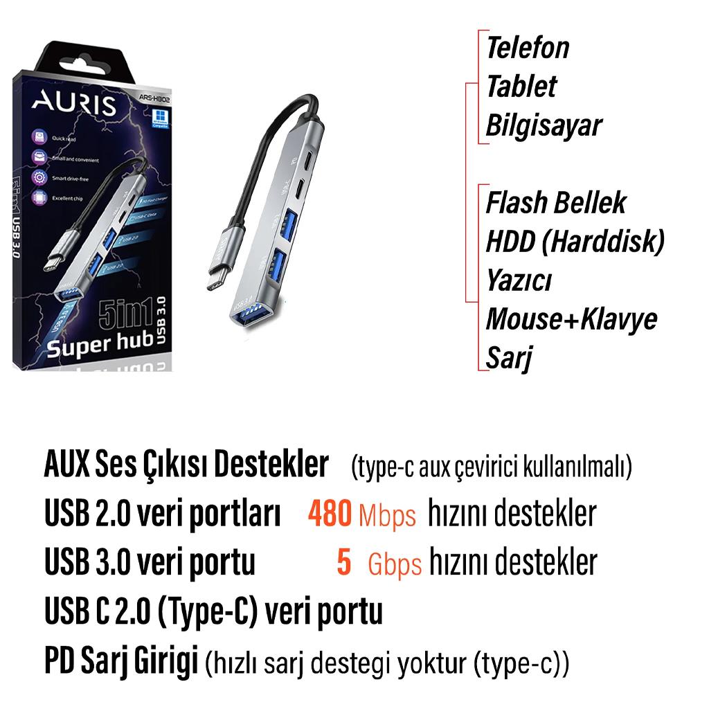 Aurıs ARS-HB02 5in1Super Hub 3.0 TYPE-C USB Çoğaltıcı