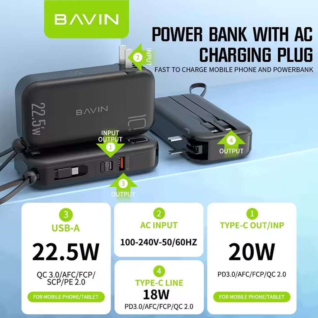 Bavin PC032 10.000mAh 2in1 Adaptör ve Powerbank Bir Arada 22.5W QC3.0 Hızlı Şarj Seti