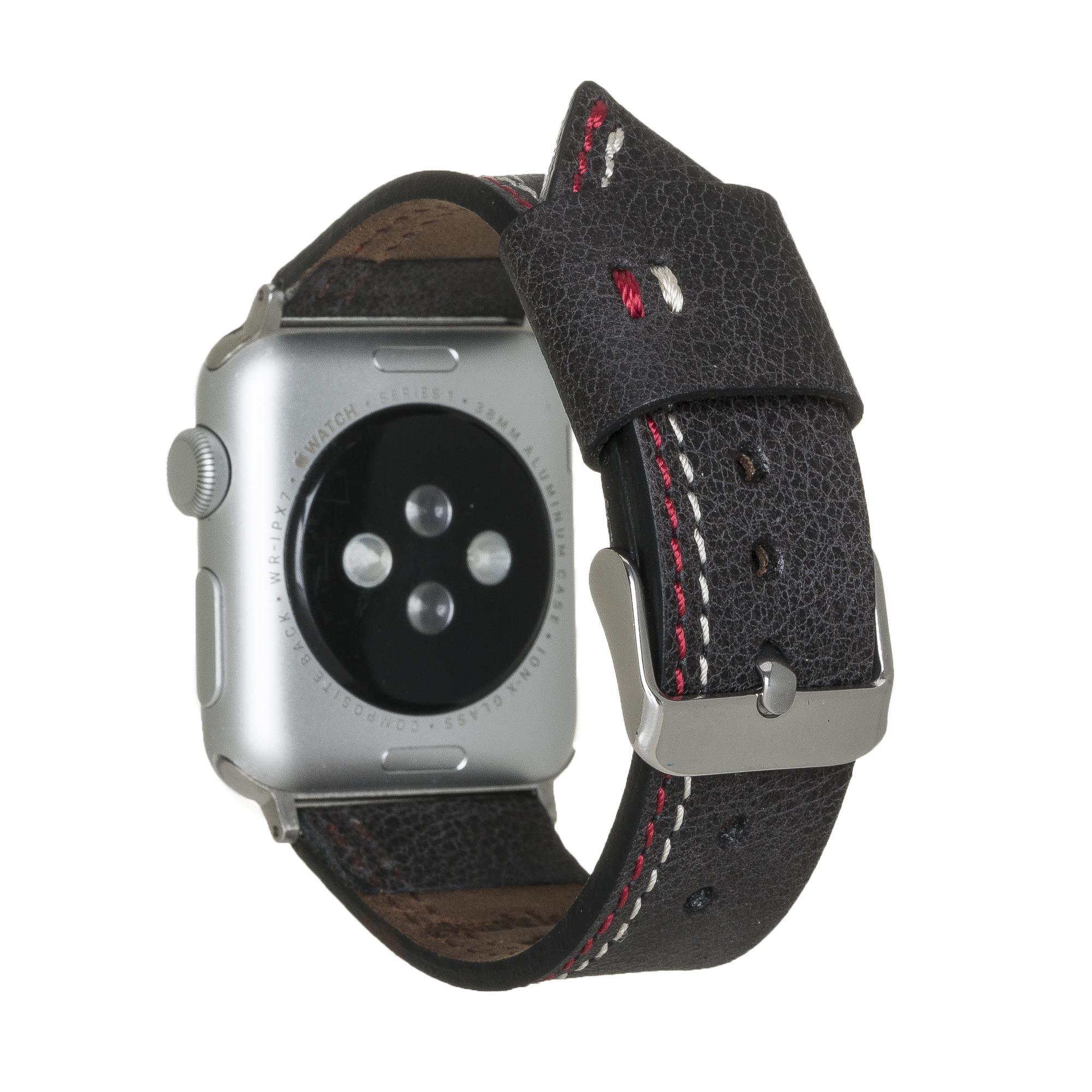 Bouletta Apple Watch Uyumlu Deri Kordon 42-44-45mm Dikişli Siyah