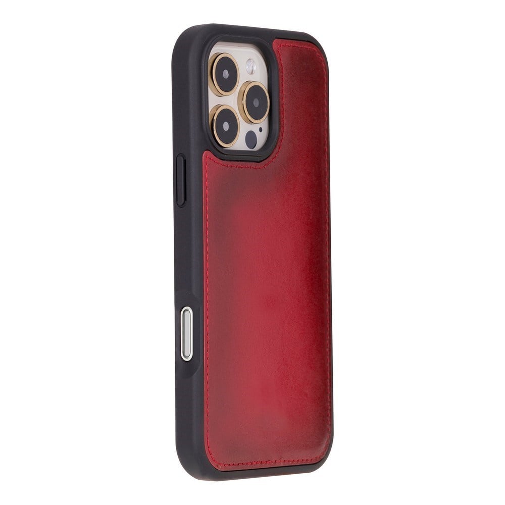 Cüzdan Taşıma Derdi Olmadan – iPhone 16 Pro Uyumlu Hakiki Deri El Yapımı Kart Yuvalı Kılıf (Gölgeli Kırmızı)