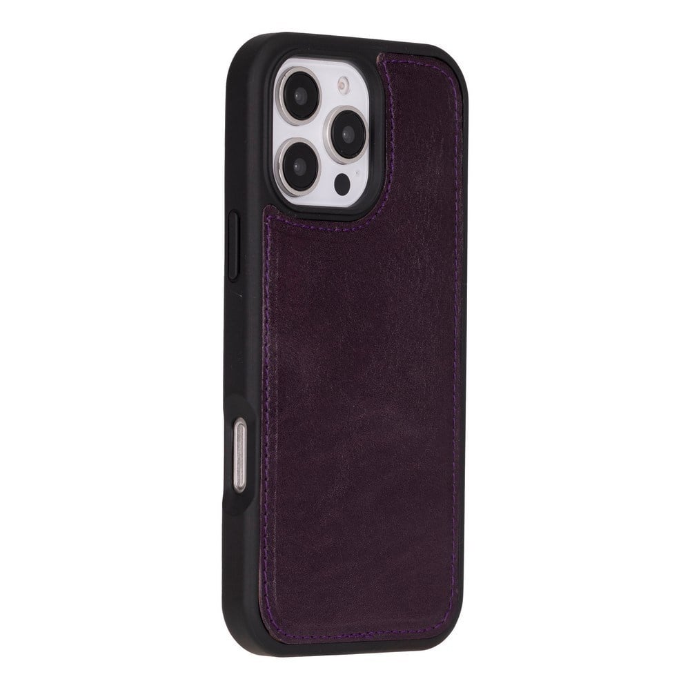 Cüzdan Taşıma Derdi Olmadan – iPhone 16 Pro Max Uyumlu Hakiki Deri El Yapımı Kart Yuvalı Kılıf (Patlıcan Mor)