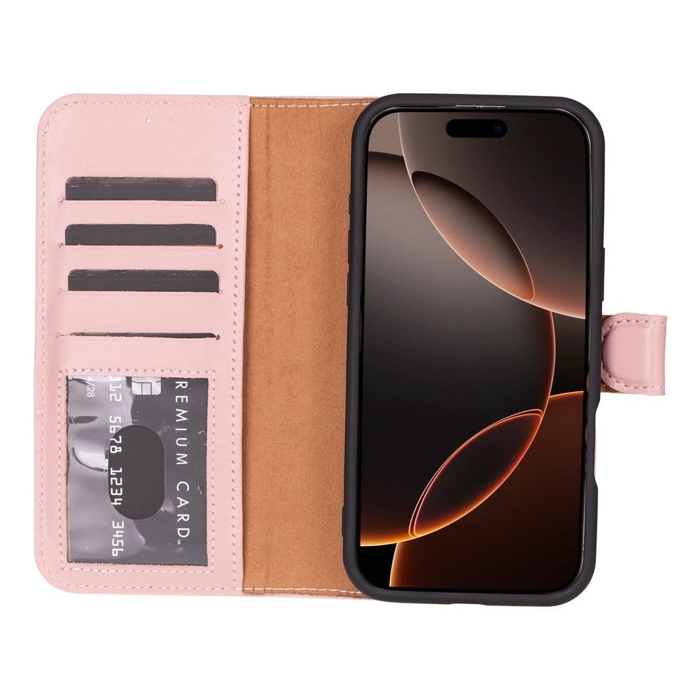 Cüzdan Taşıma Derdi Olmadan – iPhone 16 Pro Max Uyumlu Hakiki Deri El Yapımı Kart Yuvalı Kılıf (Toz Pembe)