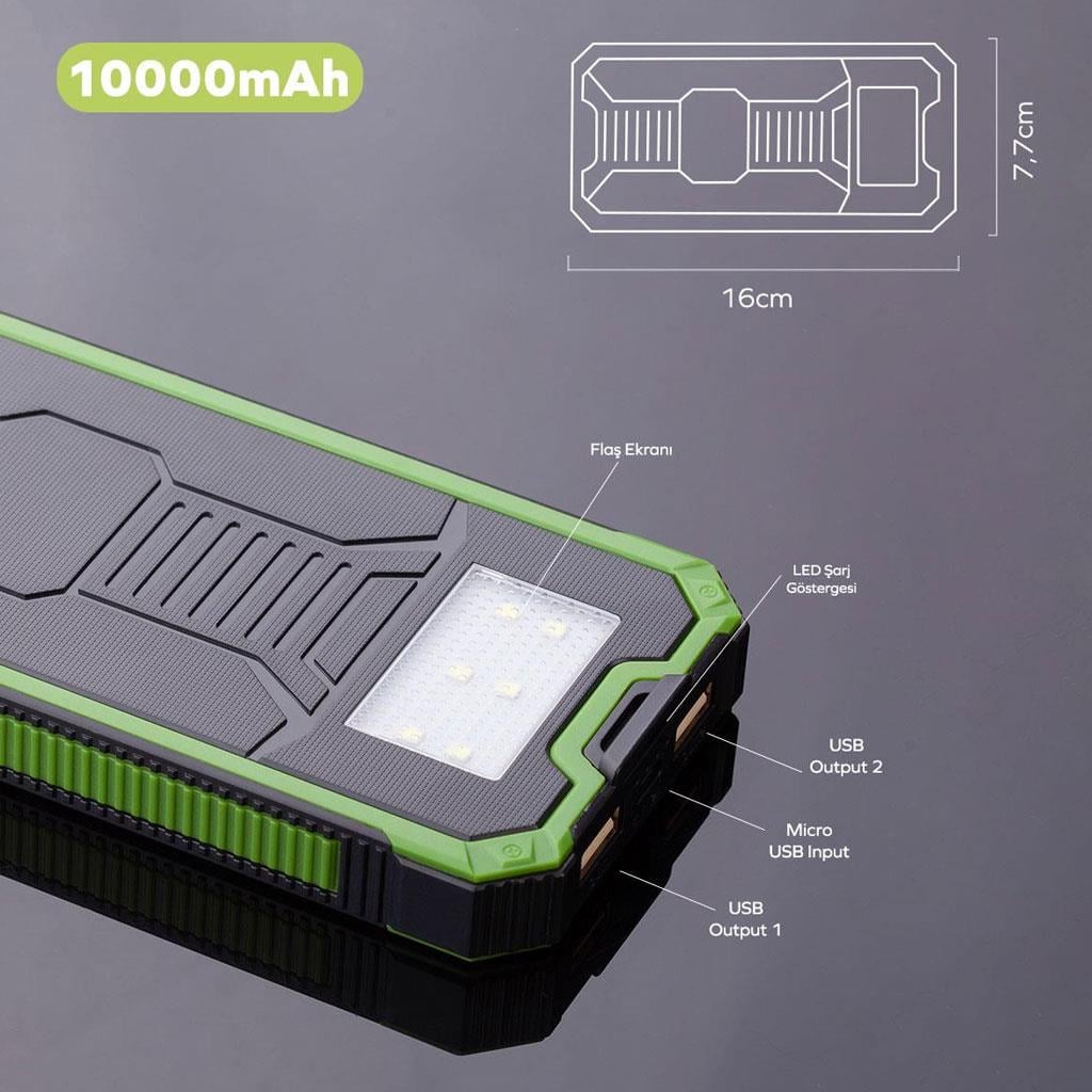 POWERBANK / TAŞINABİLİR ŞARJ CİHAZI   Deji DJ-OL02 Güneş Enerjisi İle Şarj Olabilen Led  Fenerli 10.000 mAh Tank Kasa Powerbank