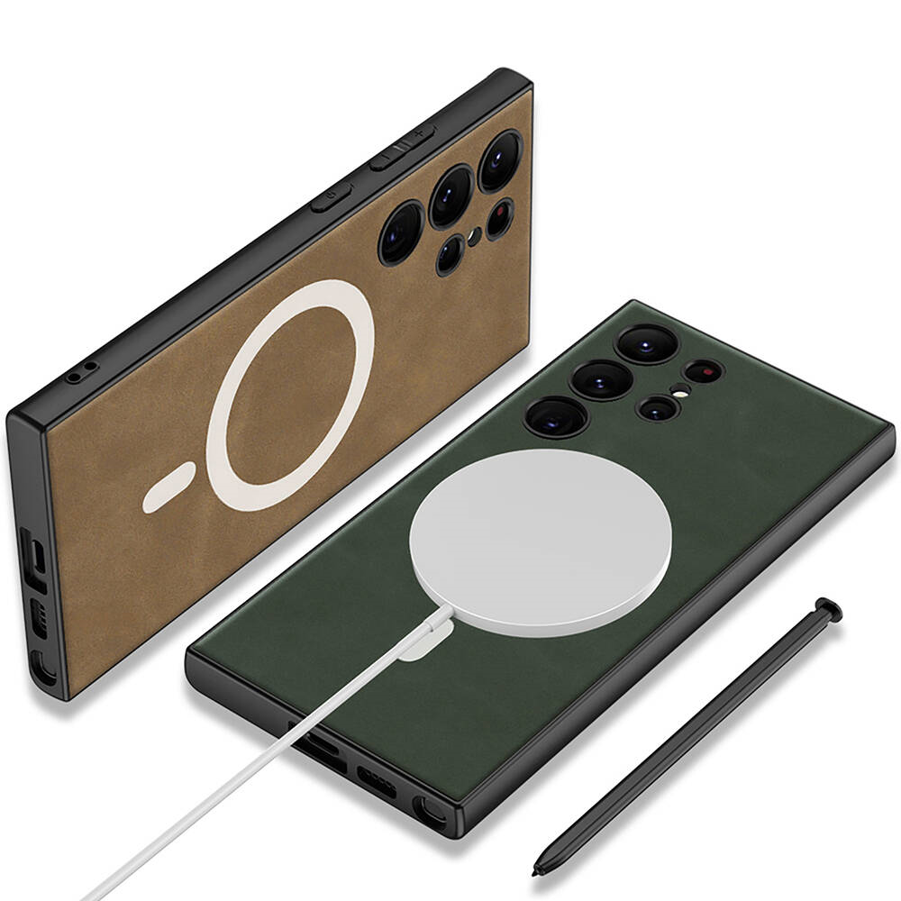 Galaxy S24 Ultra Kılıf M-safe Şarj Özellikli Deri Tasarımlı Zore Kıpta Nubuk Kapak