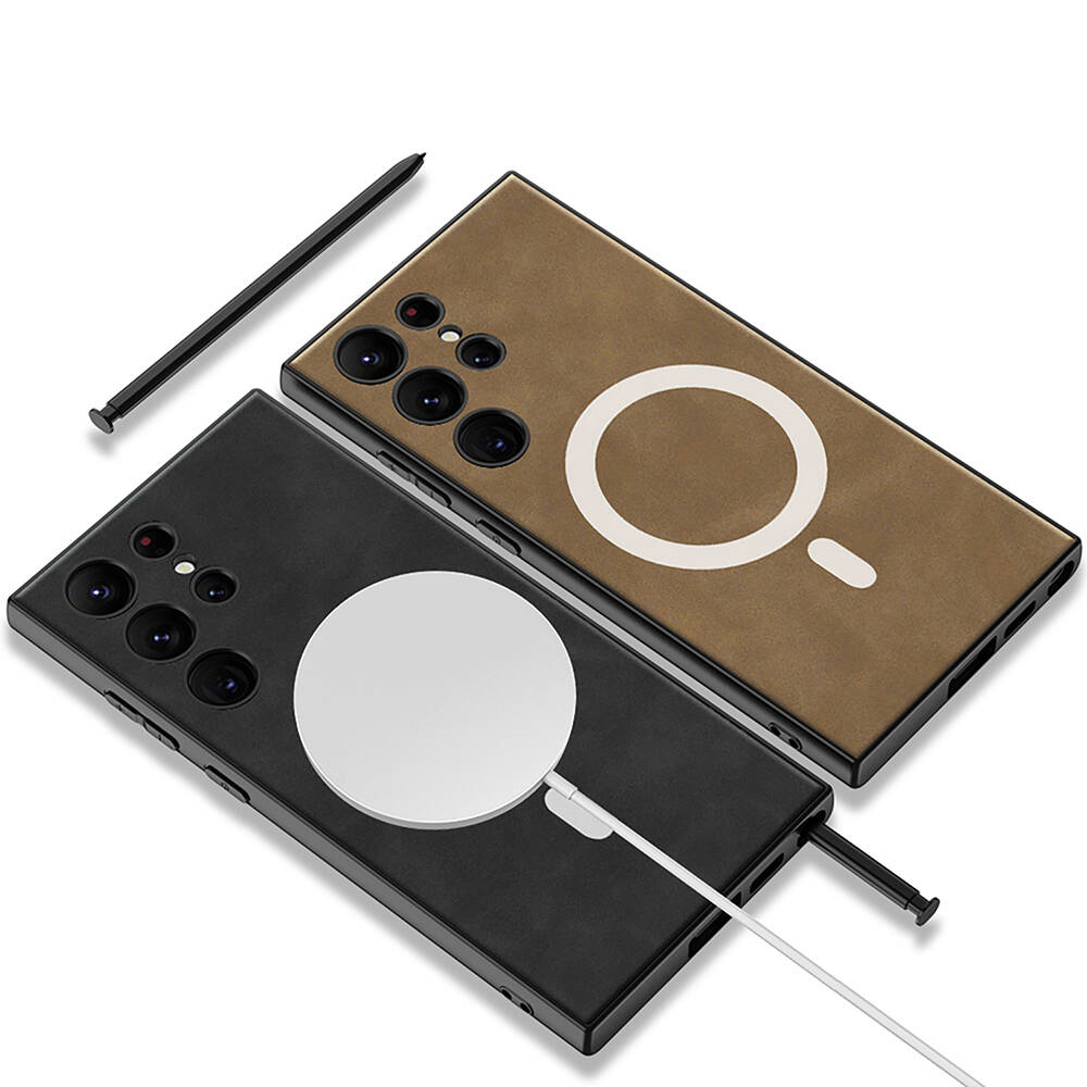 Galaxy S24 Ultra Kılıf M-safe Şarj Özellikli Deri Tasarımlı Zore Kıpta Nubuk Kapak