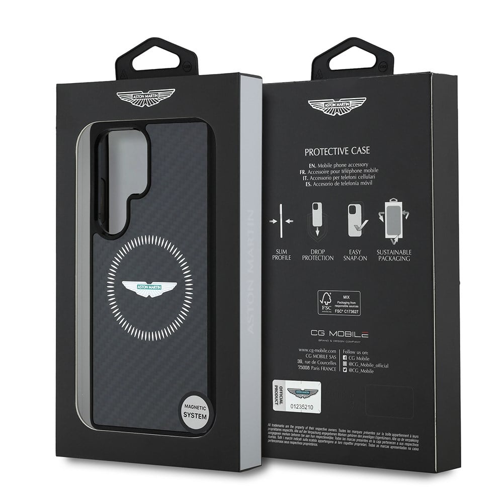 Galaxy S25 Ultra Kılıf Aston Martin Orjinal Lisanslı M-safe Şarj Özellikli Radyal Halka ve Karbon Fiber Tasarımlı Kapak