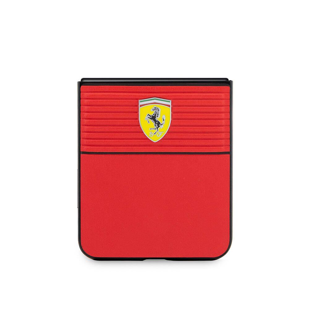 Galaxy Z Flip 5 Kılıf Ferrari Orjinal Lisanslı PU Deri Metal Logolu Multi Çizgili Kapak
