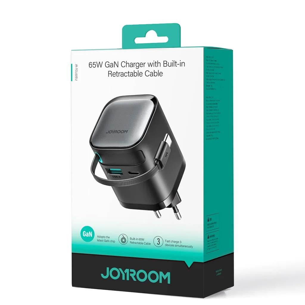 Joyroom JR-TCL02 Gan 65W 2 Portlu Şarj Cihazı Geri Çekilebilir Kablo