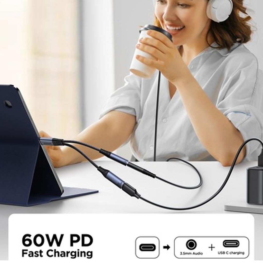 Joyroom SY-C02 PD 60W Hızlı Şarjlı Kulaklık Adaptörü Type-c Aux Ses Kablosu