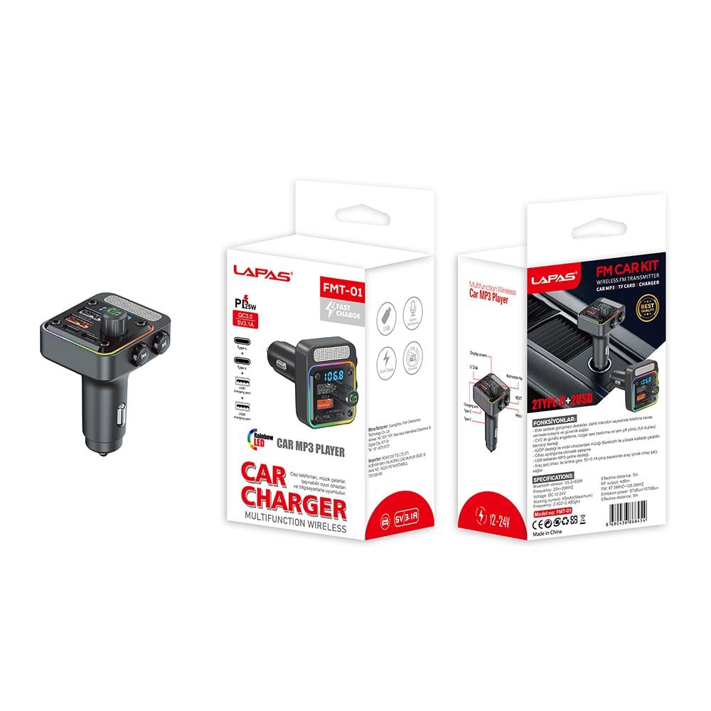 Lapas FMT-01 36W Hızlı Şarj Destekli Dijital Göstergeli Bluetooth FM Transmitter