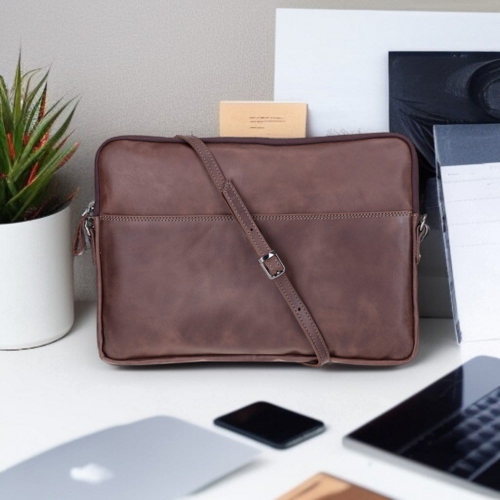 Leeds 16 inç MacBook Ve Pc Uyumlu, Hakiki Deri, El Yapımı Kılıf, Antik Kahve