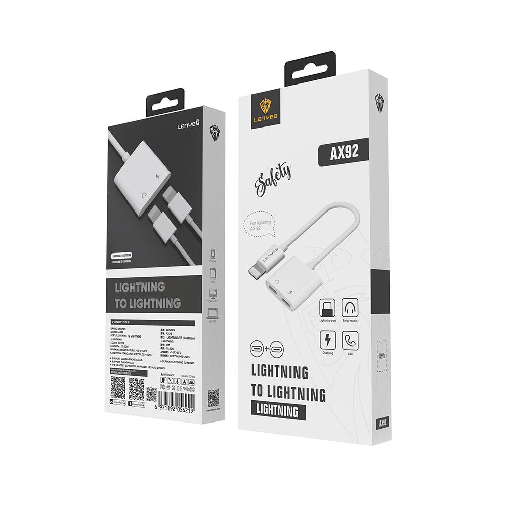Lenyes AX92 Lightning to Lightning 2in1 Şarj ve Kulaklık Dönüştürücü Adaptör