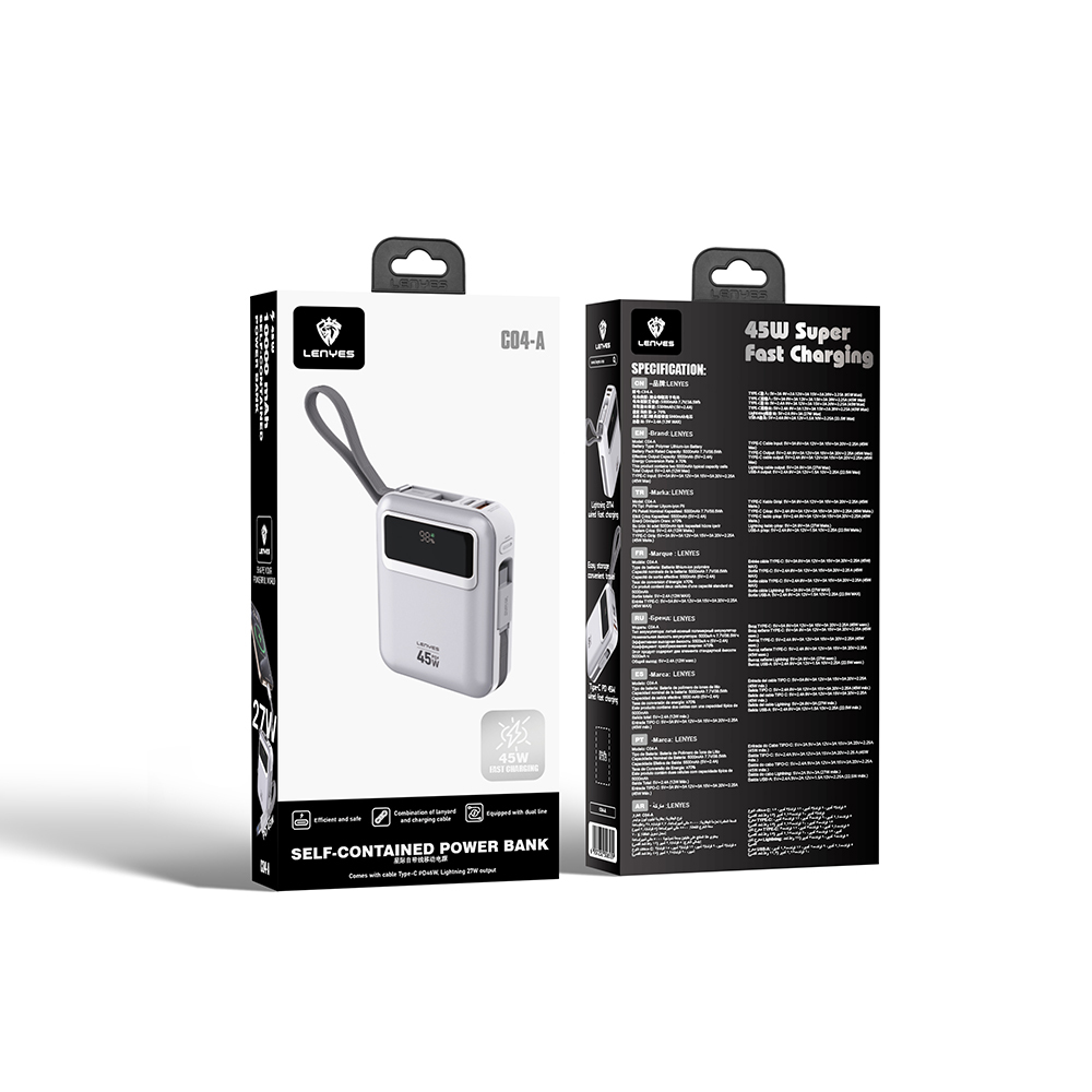 Lenyes C04-A Dijital LED Göstergeli Type-C ve Lightning Kablolu Powerbank 45W 5000mAh
