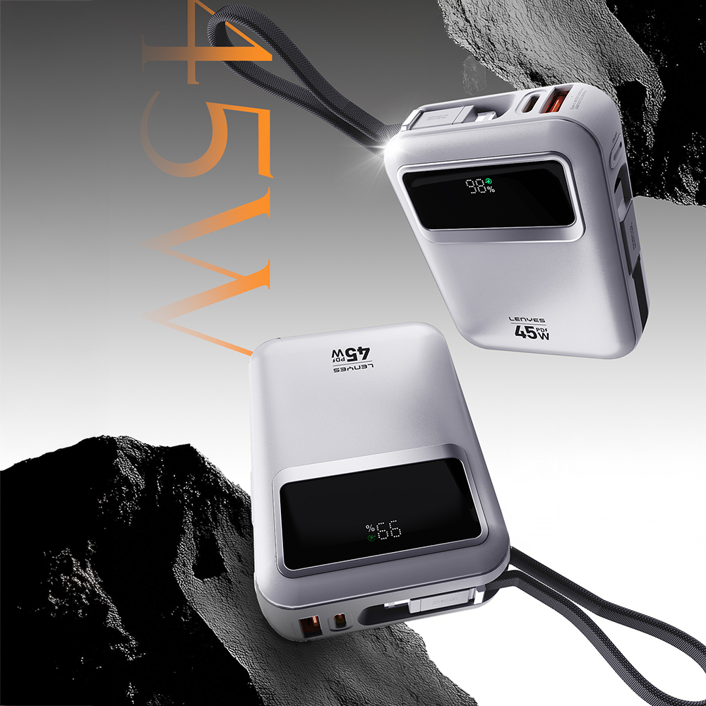 Lenyes C04-A Dijital LED Göstergeli Type-C ve Lightning Kablolu Powerbank 45W 5000mAh