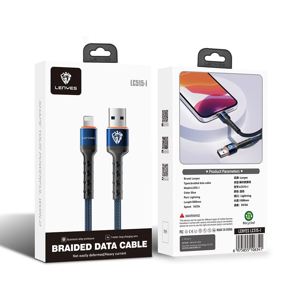 Lenyes LC515 USB-A to Lightning Hızlı Şarj Özellikli Örgülü Data ve Şarj Kablosu 3A 1M