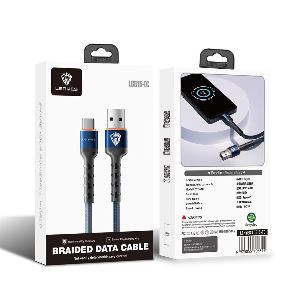 Lenyes LC515 USB-A to Type-C Hızlı Şarj Özellikli Örgülü Data ve Şarj Kablosu 3A 1M