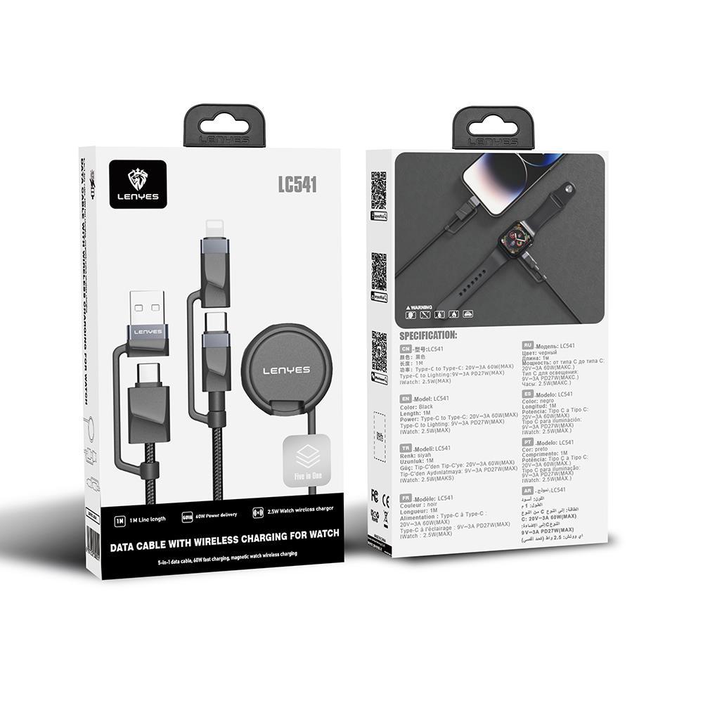 Lenyes LC541 USB-A + Type-C to Lightning – Type-C – Akıllı Saat Şarj Kablosu 60W 1M