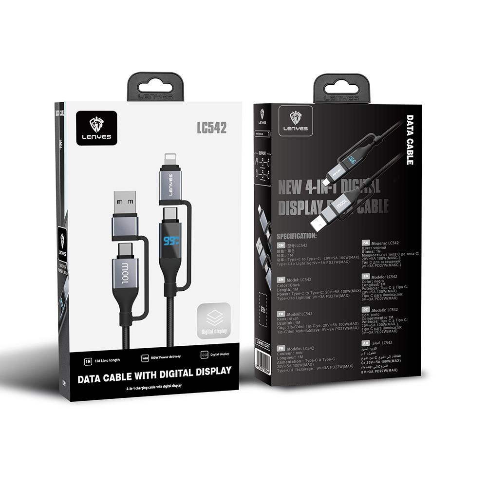 Lenyes LC542 Dijital Göstergeli 4in1 USB-A - Type-C + Type-C to Lightning 100W 1M