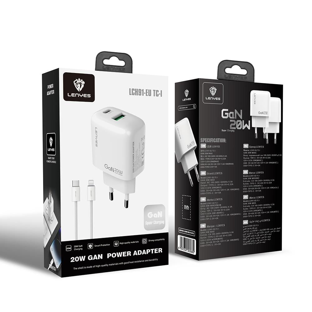 Lenyes LCH91-TC-L Type-C to Lightning GaN Teknolojili PD ve USB Hızlı Şarj Özellikli Şarj Seti 20W