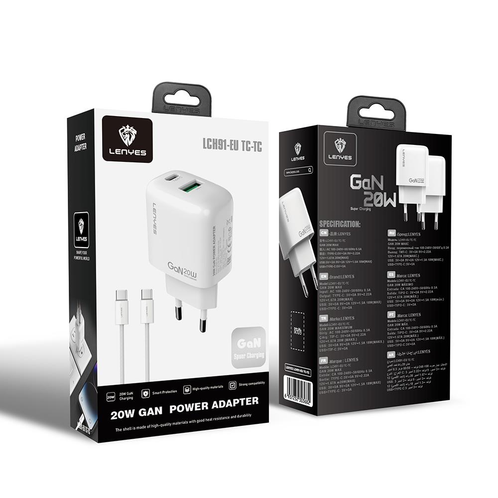 Lenyes LCH91-TC-TC Type-C to Type-C GaN Teknolojili PD ve USB Hızlı Şarj Özellikli Şarj Seti 20W