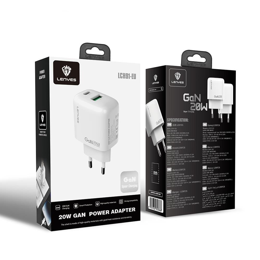Lenyes LCH91 Type-C ve USB GaN Teknolojili PD Hızlı Şarj Özellikli Şarj Başlığı 20W