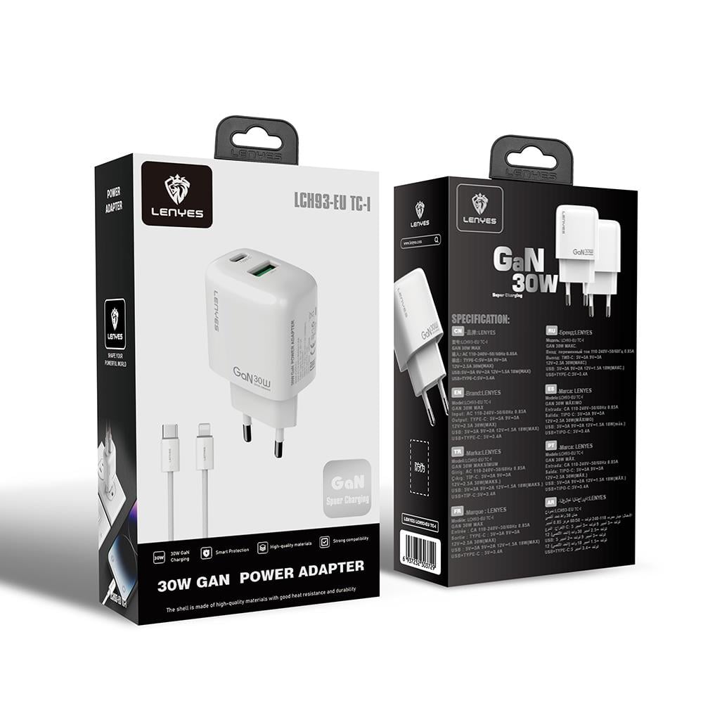 Lenyes LCH93-TC-L Type-C to Lightning GaN Teknolojili PD ve USB Hızlı Şarj Özellikli Şarj Seti 30W