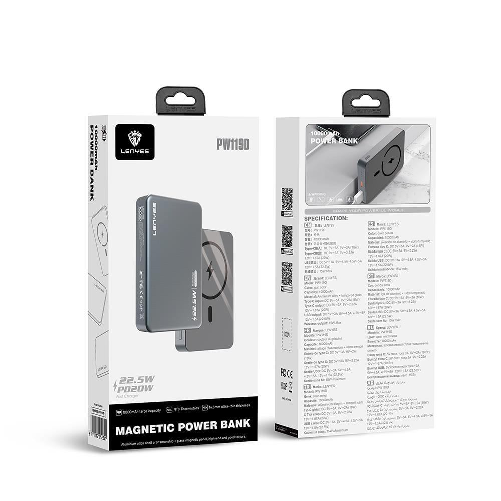 Lenyes PW119D PD 20W Ultra İnce Hızlı Şarj Özellikli Wireless Powerbank 15W 10.000mAh