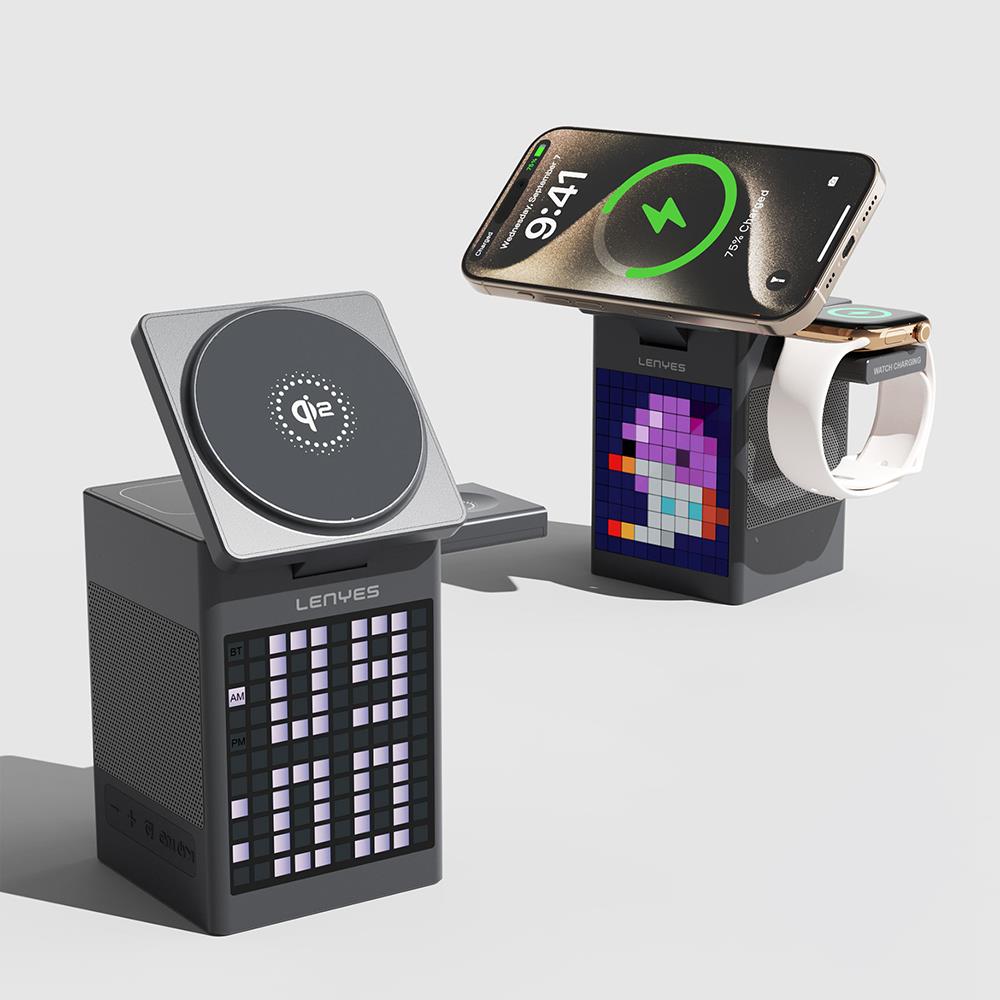 Lenyes PW320 Qi2 Şarj Teknolojili Alarmlı Bluuetooth Speaker Özellikli Telefon&Akıllı Saat&Kulaklık 15W 6in1 Kablosuz Şarj Standı