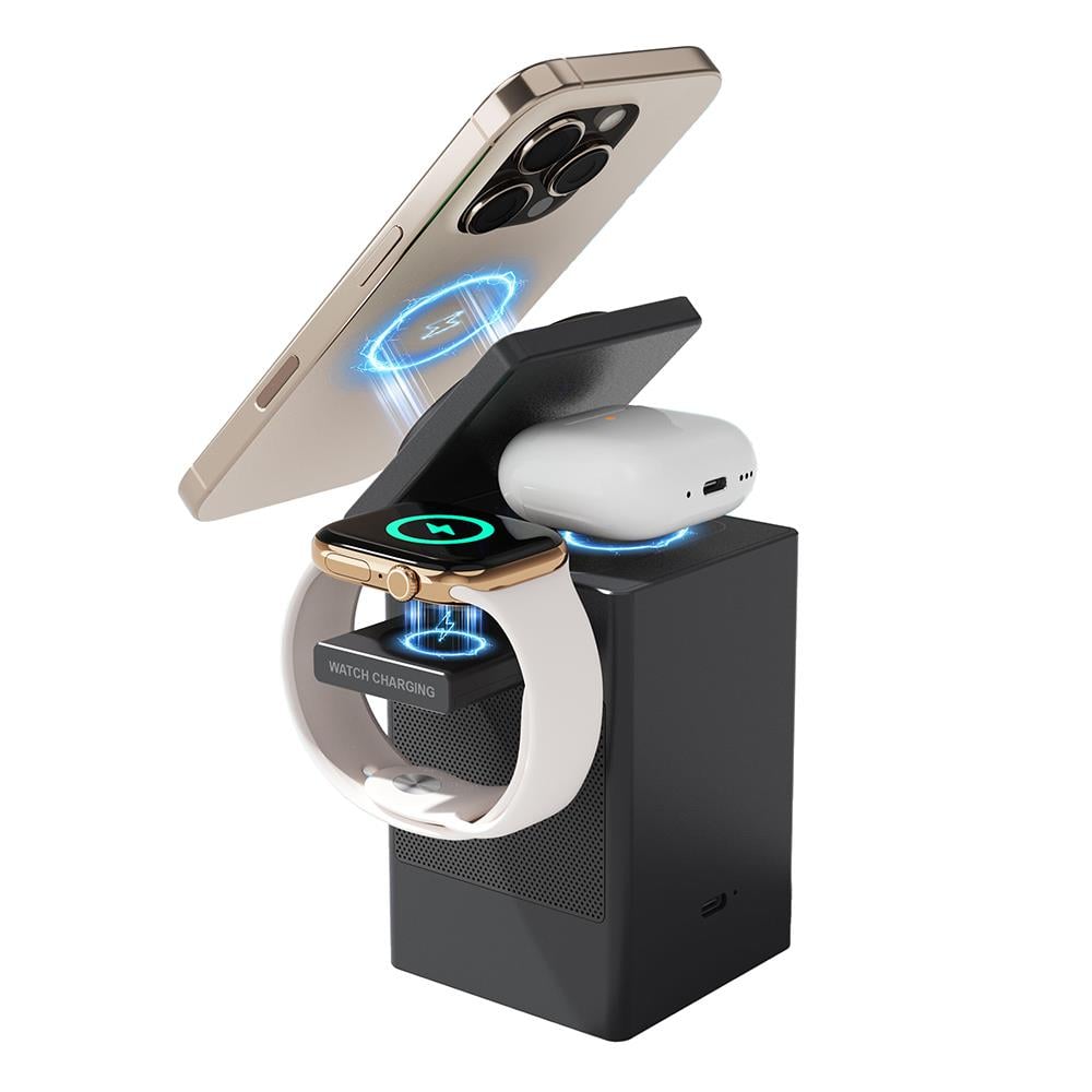 Lenyes PW320 Qi2 Şarj Teknolojili Alarmlı Bluuetooth Speaker Özellikli Telefon&Akıllı Saat&Kulaklık 15W 6in1 Kablosuz Şarj Standı