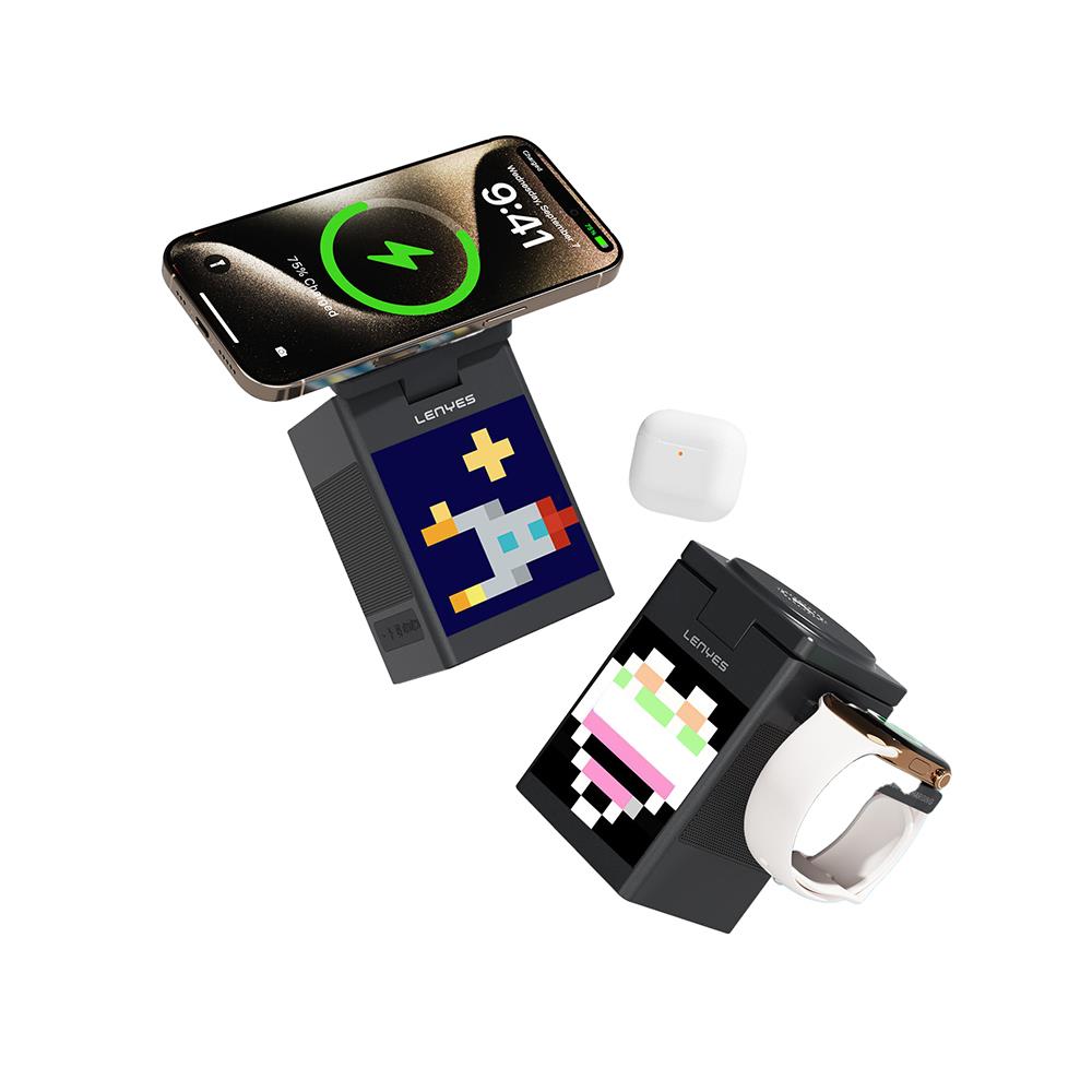 Lenyes PW320 Qi2 Şarj Teknolojili Alarmlı Bluuetooth Speaker Özellikli Telefon&Akıllı Saat&Kulaklık 15W 6in1 Kablosuz Şarj Standı