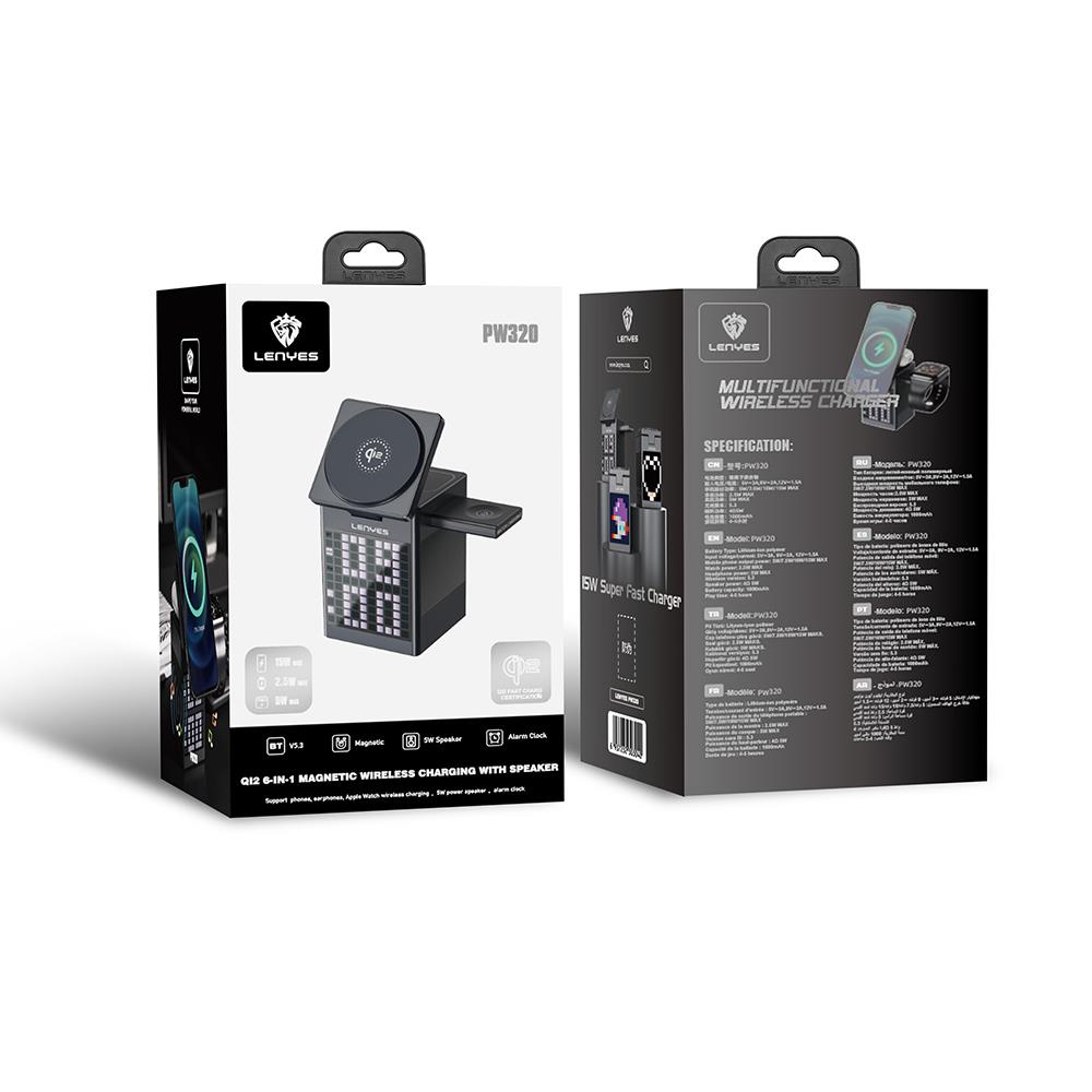 Lenyes PW320 Qi2 Şarj Teknolojili Alarmlı Bluuetooth Speaker Özellikli Telefon&Akıllı Saat&Kulaklık 15W 6in1 Kablosuz Şarj Standı