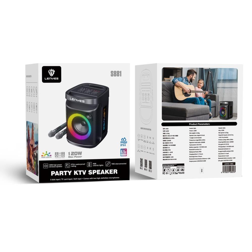 Lenyes S881 Su Geçirmez Mikrofonlu Çoklu Giriş RGB Işıklı TWS Karaoke FM Bluetooth Hoparlör v5.3 120W