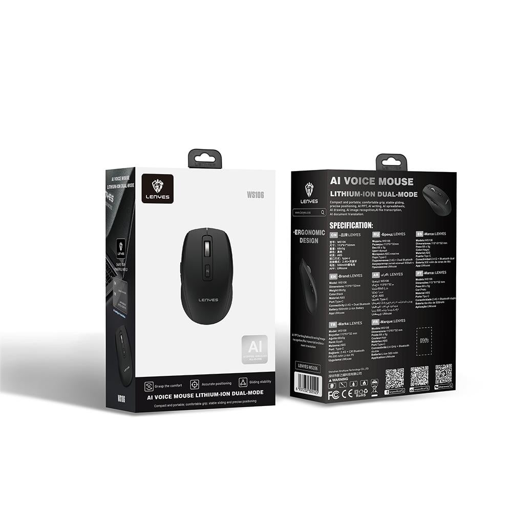 Lenyes WS106 Yapay Zeka Destekli Ergonomik Çift Bluetooth Bağlantılı 2.4G Kablosuz Mouse 500mAh