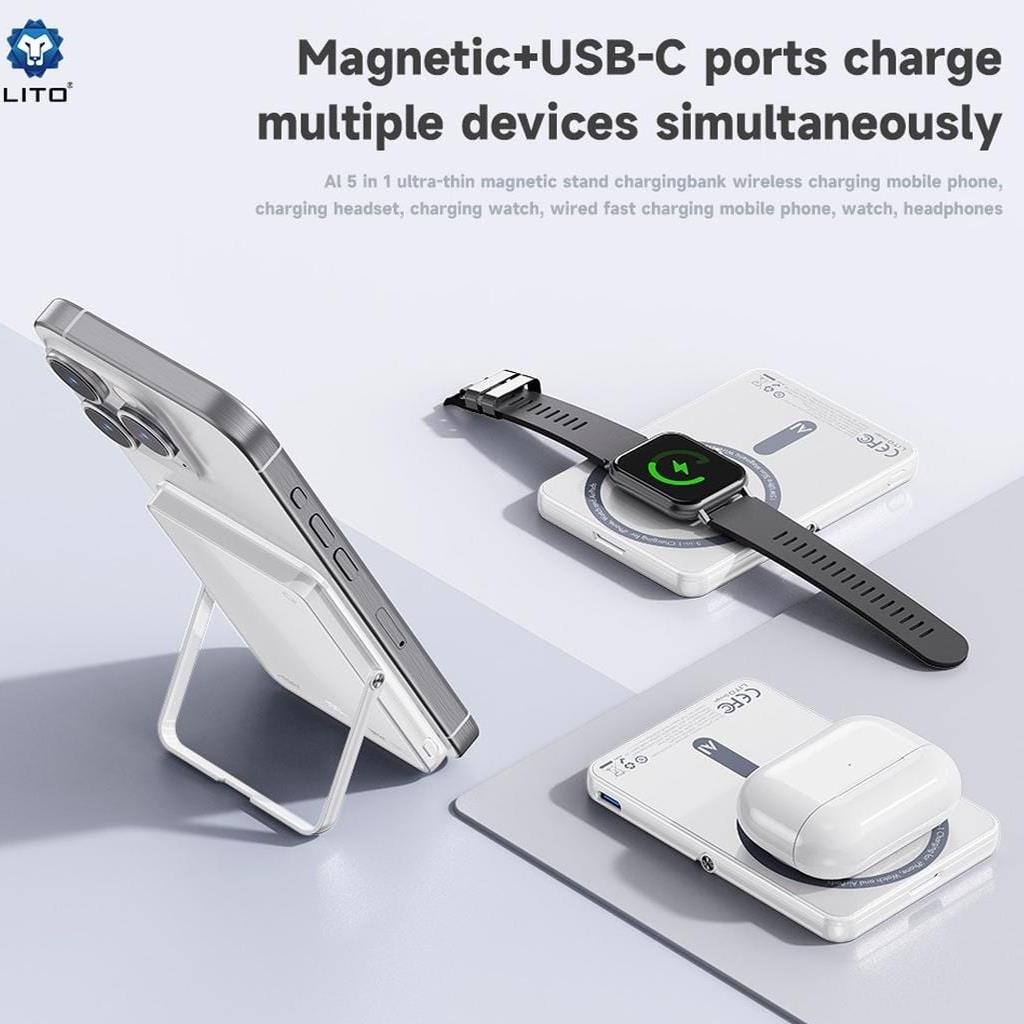 Lito LP-03 5 in 1 15W 5000mAh Yapay Zeka Destekli Yeni Nesil Cobalt Batarya Teknoloji Standlı Taşınabilir Kablosuz Magsafe Powerbank
