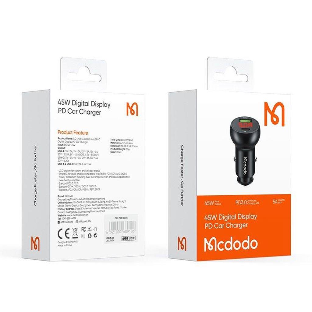 MCDODO CC-7030 45W 1xType-C 1xUSB Girişli Dijital Göstergeli Araç Çakmak Şarjı